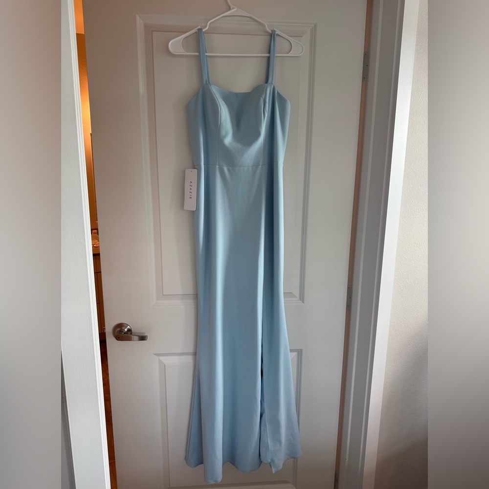 Azazie Gianetta Light Blue Spaghetti Strap Maxi Bridesmaid Gown for Weddings